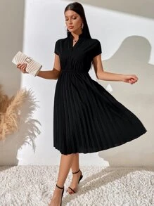 Breezaya Pleated Hem Notched Neckline A-Line Dress Maxi Women Outfit - Black - View 3