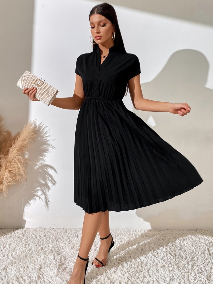 Breezaya Pleated Hem Notched Neckline A-Line Dress Maxi Women Outfit - Black - View 3