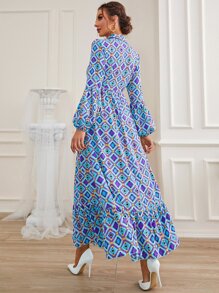 Mulvari 菱形印花燈籠袖荷葉邊腰帶襯衫洋裝