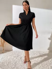 Breezaya Pleated Hem Notched Neckline A-Line Dress Maxi Women Outfit - Black - View 5