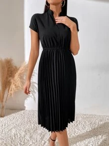 Breezaya Pleated Hem Notched Neckline A-Line Dress Maxi Women Outfit - Black - View 6