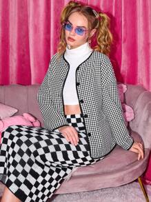 SHEIN Unity Gingham Print Belted Jacket - Black and White - View 5