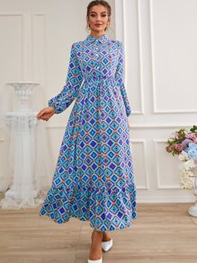 Mulvari 菱形印花燈籠袖荷葉邊腰帶襯衫洋裝