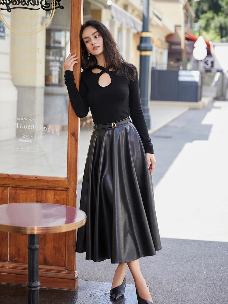 High Waist PU Leather Flare Skirt - Black - View 5