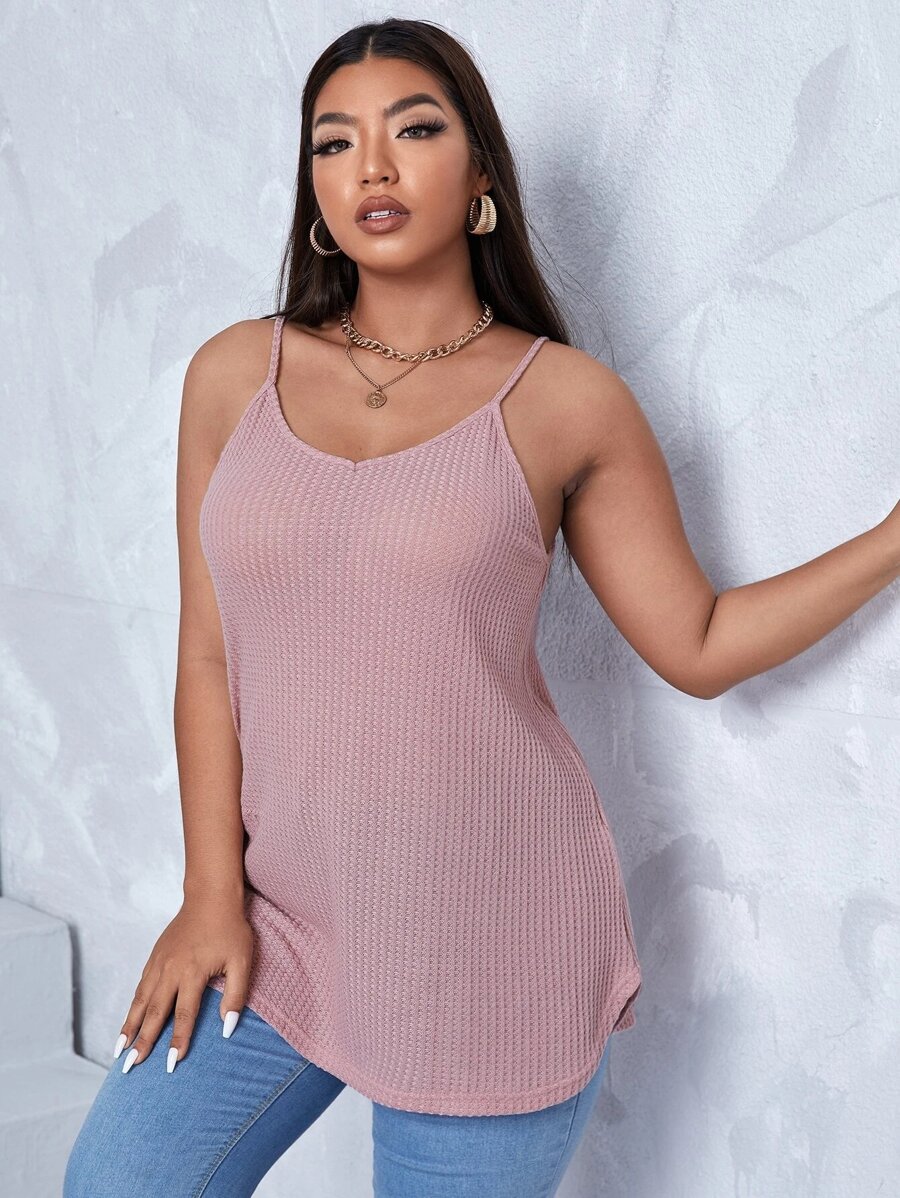 SHEIN Essnce Áo hai dây Plus Size Lộ Lưng màu trơn Giải trí - Bụi hồng - Xem 1
