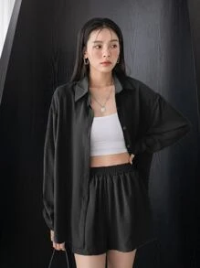 DAZY 落肩衬衫搭配阔腿短裤，女士两件套，秋季女士家居服套装 - 黑色 - 查看 3