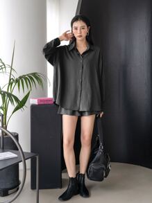 DAZY 落肩衬衫搭配阔腿短裤，女士两件套，秋季女士家居服套装 - 黑色 - 查看 5