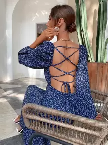 Breezaya Ditsy Floral Lace Up Dress - Navy Blue - View 2