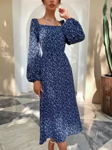 Breezaya Ditsy Floral Lace Up Dress - Navy Blue - View 3