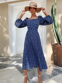 Breezaya Ditsy Floral Lace Up Dress - Navy Blue - View 5