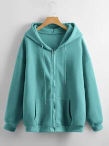 SHEIN LUNE Solid Zip Up Drawstring Hooded Sweatshirt - Cadet Blue - View 1
