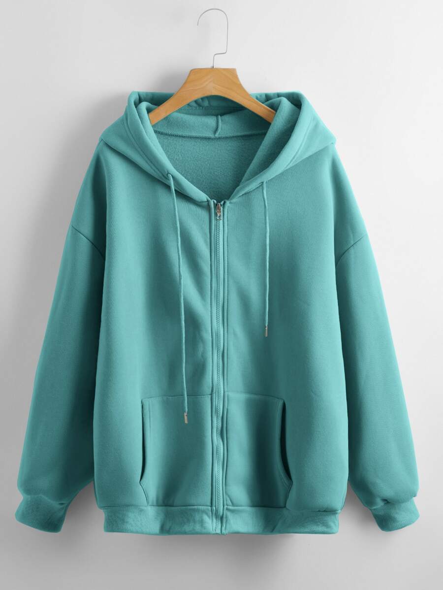 SHEIN LUNE Solid Zip Up Drawstring Hooded Sweatshirt - Cadet Blue - View 1