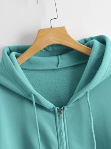 SHEIN LUNE Solid Zip Up Drawstring Hooded Sweatshirt - Cadet Blue - View 4