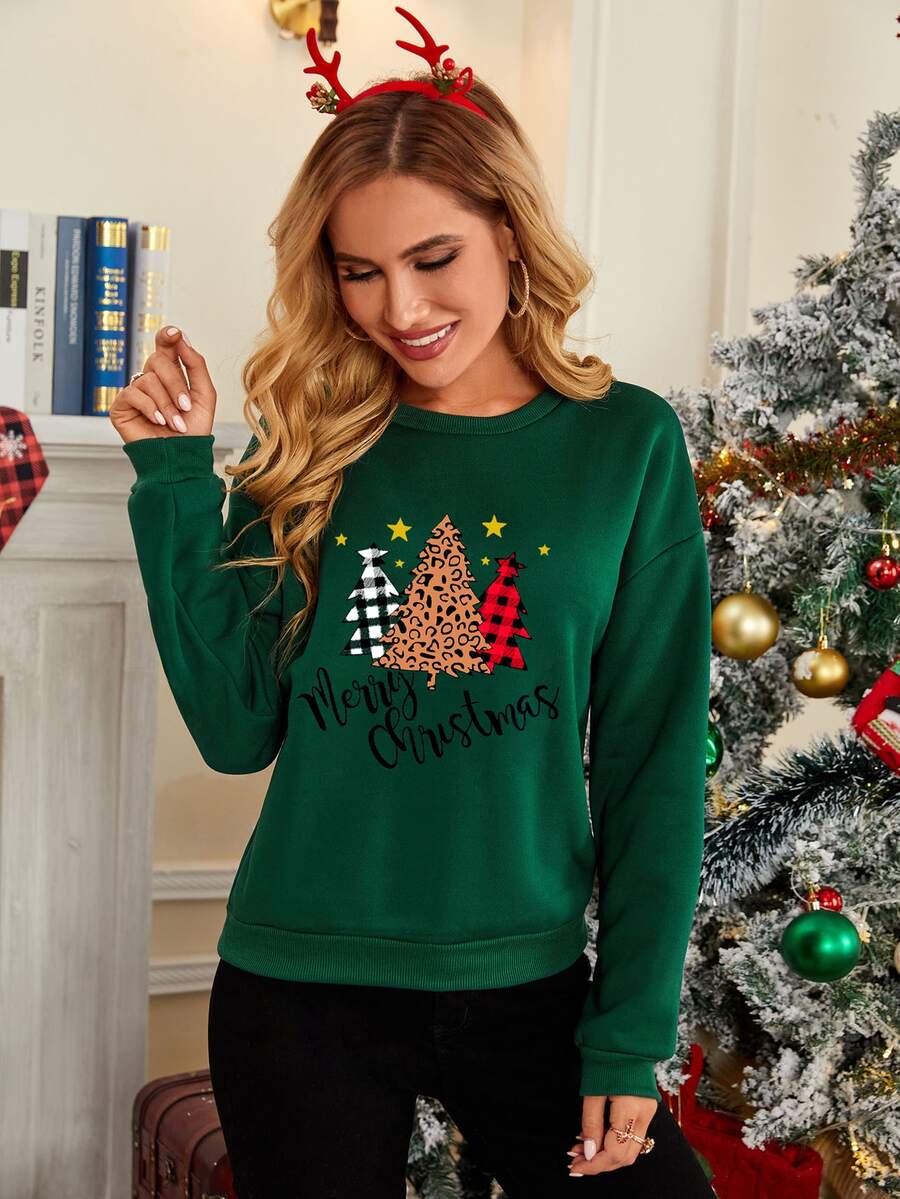 Sudadera con estampado de Navidad de hombros caídos - Verde Oscuro - Ver 1