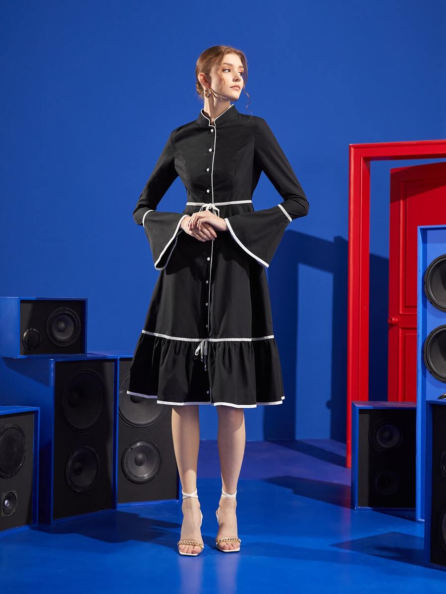 Twist and Jam Contrast Binding Flounce Sleeve Knot Front Ruffle Hem Dress - Black - View 1