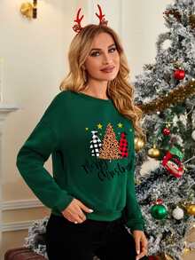 Sudadera con estampado de Navidad de hombros caídos - Verde Oscuro - Ver 3