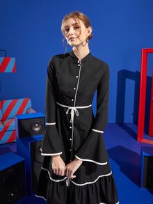 Twist and Jam Contrast Binding Flounce Sleeve Knot Front Ruffle Hem Dress - Black - View 3