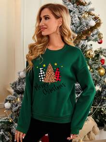 Sudadera con estampado de Navidad de hombros caídos - Verde Oscuro - Ver 5