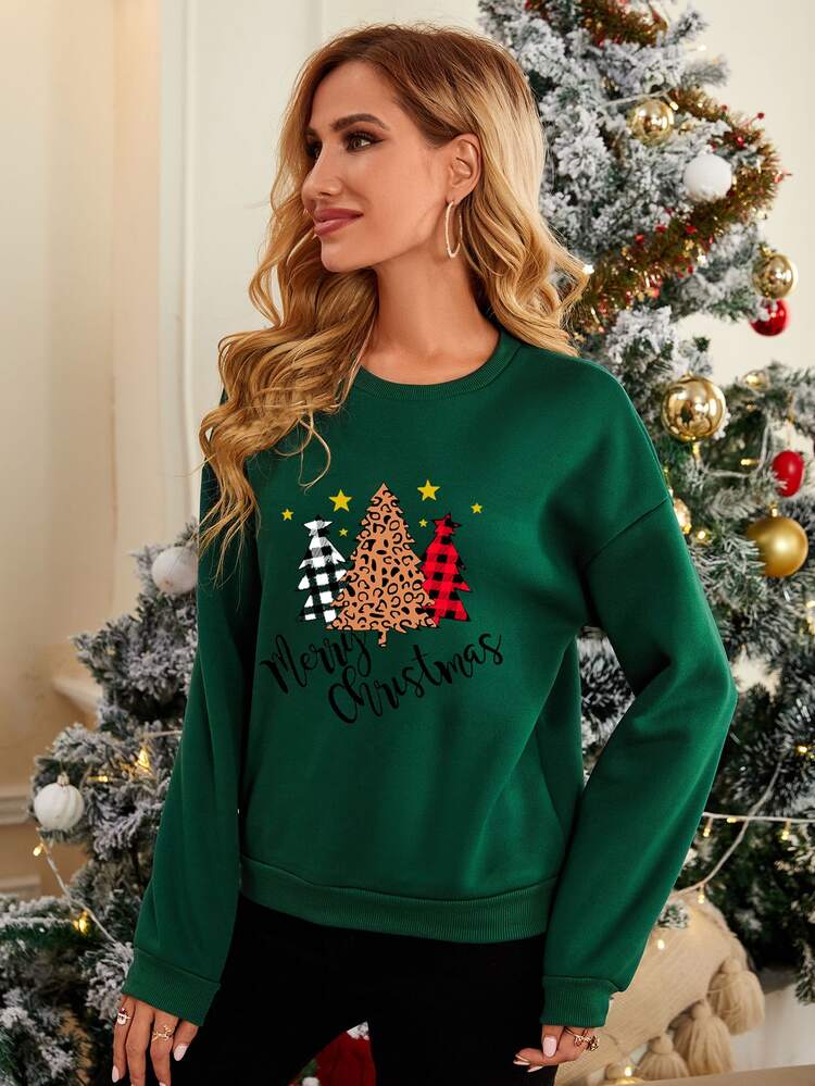聖誕圖案落肩袖運動衫 - 墨綠色 - 查看 5