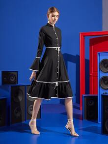 Twist and Jam Contrast Binding Flounce Sleeve Knot Front Ruffle Hem Dress - Black - View 4