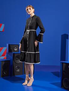 Twist and Jam Contrast Binding Flounce Sleeve Knot Front Ruffle Hem Dress - Black - View 5