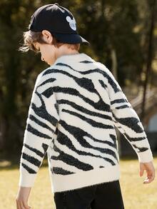 Niños Suéter de punto de rayas de cebra de peluche - Blanco y Negro - Ver 2