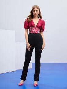 Abode Floral Print Button Front Puff Sleeve Blouse - Burgundy - View 3