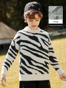 Niños Suéter de punto de rayas de cebra de peluche - Blanco y Negro - Ver 3