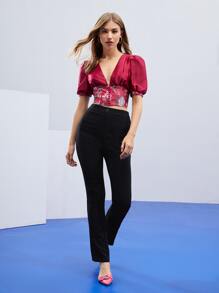 Abode Floral Print Button Front Puff Sleeve Blouse - Burgundy - View 4