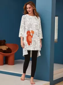 SHEIN Unity 字母和卡通圖案不對稱下擺睡衣套裝 - 彩色 - 查看 1