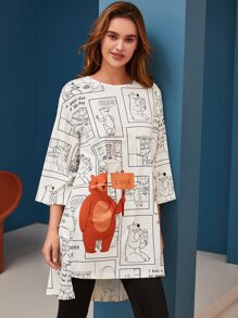 SHEIN Unity 字母和卡通圖案不對稱下擺睡衣套裝 - 彩色 - 查看 3