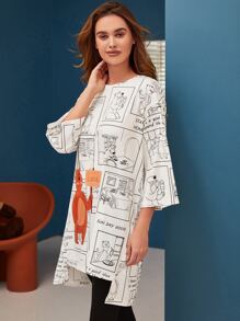 SHEIN Unity 字母和卡通圖案不對稱下擺睡衣套裝 - 彩色 - 查看 5