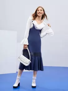 H&A Vestido pichi con encaje en contraste bajo con fruncido sin top - Azul Marino - Ver 1