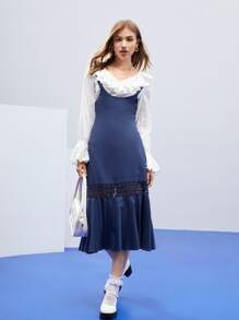 H&A Vestido pichi con encaje en contraste bajo con fruncido sin top - Azul Marino - Ver 3