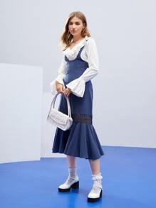 H&A Vestido pichi con encaje en contraste bajo con fruncido sin top - Azul Marino - Ver 5