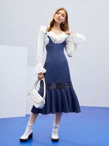 H&A Vestido pichi con encaje en contraste bajo con fruncido sin top - Azul Marino - Ver 6