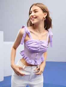 BZ Top de tirantes de hombro con nudo pecho con fruncido de malla transparente - Lila Púrpura - Ver 3