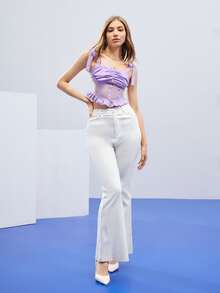 BZ Top de tirantes de hombro con nudo pecho con fruncido de malla transparente - Lila Púrpura - Ver 4