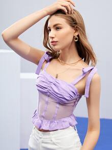 BZ Top de tirantes de hombro con nudo pecho con fruncido de malla transparente - Lila Púrpura - Ver 6