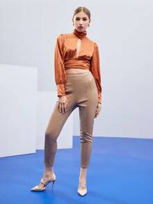 BZ Solid Cutout Backless Funnel Neck Satin Top - Ginger - View 6