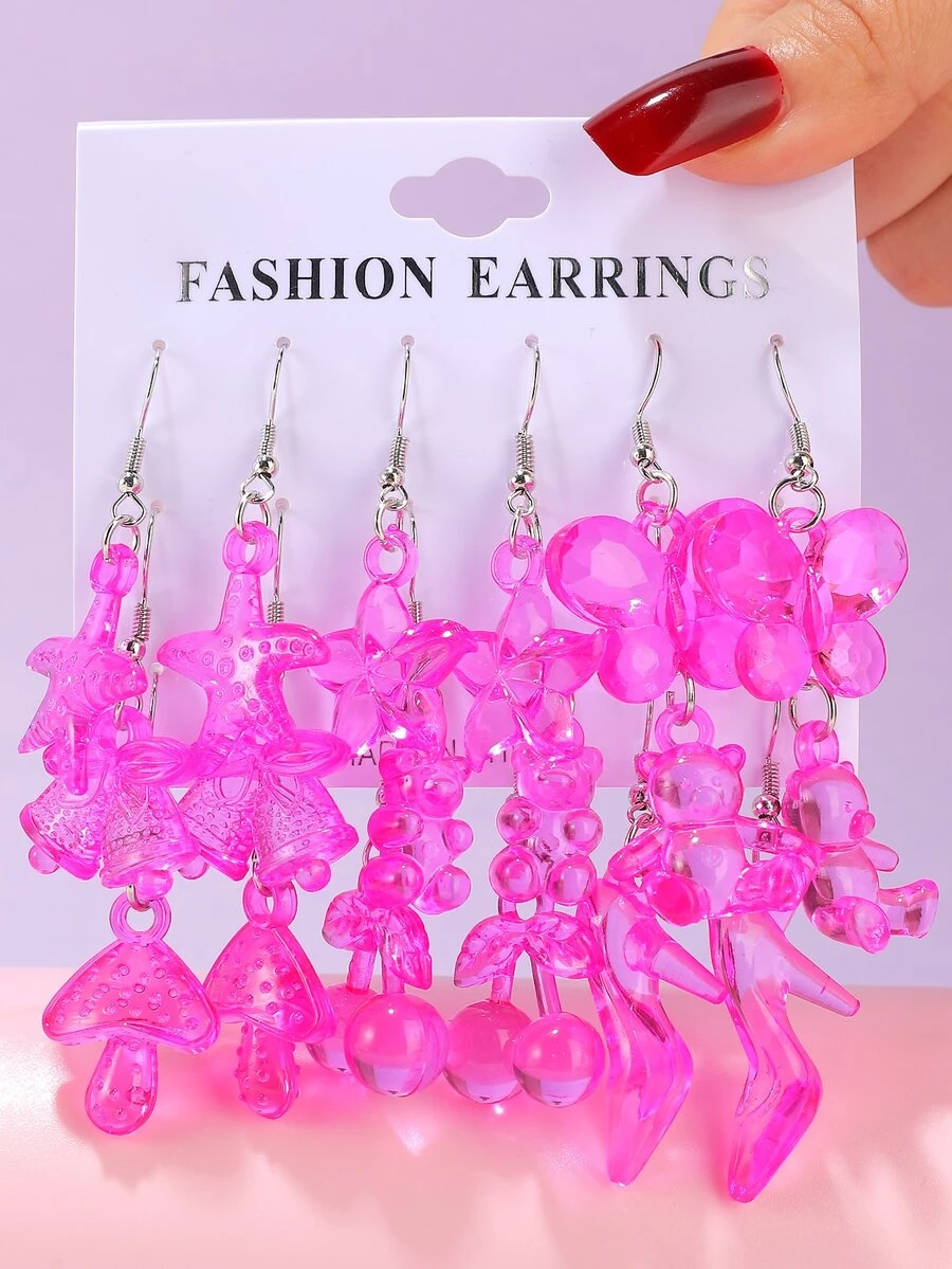 9 pares Pendientes largos con diseño de cereza - Rosa Fucsia - Ver 1