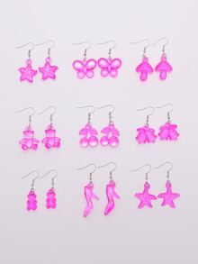 9 pares Pendientes largos con diseño de cereza - Rosa Fucsia - Ver 3