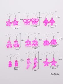 9 pares Pendientes largos con diseño de cereza - Rosa Fucsia - Ver 4