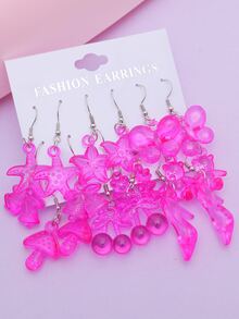 9 pares Pendientes largos con diseño de cereza - Rosa Fucsia - Ver 8