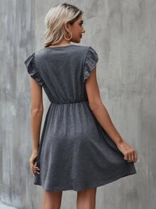 Lace Insert Ruffle Trim A-line Dress - Dark Grey - View 2