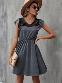 Lace Insert Ruffle Trim A-line Dress - Dark Grey - View 6