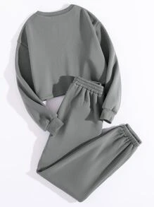 SHEIN Unity 保暖内衬纯色运动衫搭配运动裤，女士春秋季休闲长袖常规版型灰色常规袖运动衫运动裤女式两件套服装，休闲日常穿着