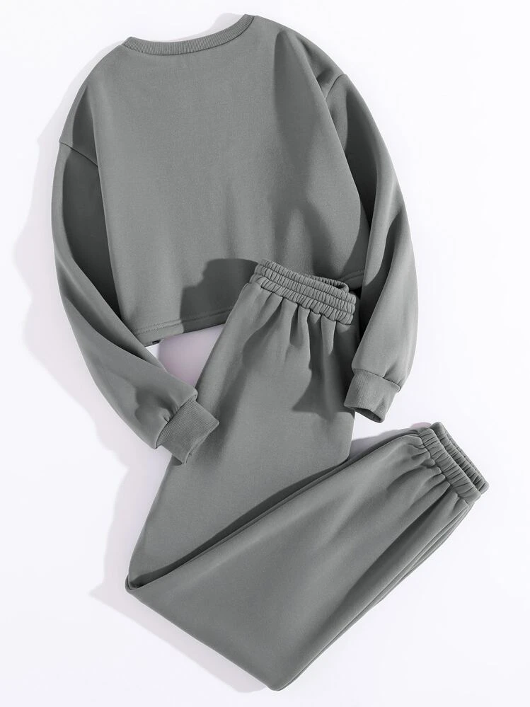 SHEIN Unity Moletom Forrado Térmico Sólido com Calça de Moletom, Manga Longa Ajuste Regular Cinza Casual Primavera/Outono, Conjuntos Femininos de Duas Peças, Uso Diário Casual - Cinza - Visão 2