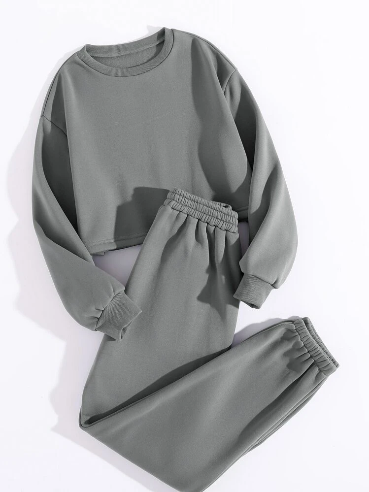 SHEIN Unity Moletom Forrado Térmico Sólido com Calça de Moletom, Manga Longa Ajuste Regular Cinza Casual Primavera/Outono, Conjuntos Femininos de Duas Peças, Uso Diário Casual - Cinza - Visão 4