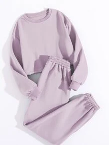 SHEIN Unity Thermal Lined Solid Sweatshirt With Joggers - Lilac Purple - View 5